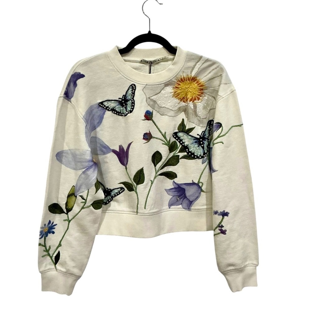 Alice + Olivia Russell Embellished Crewneck Sweatshirt Off White Size XS - Picture 4 of 15